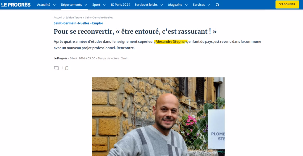 Article de presse Le Progrès sur Alexandre Stephan plombier chauffagiste